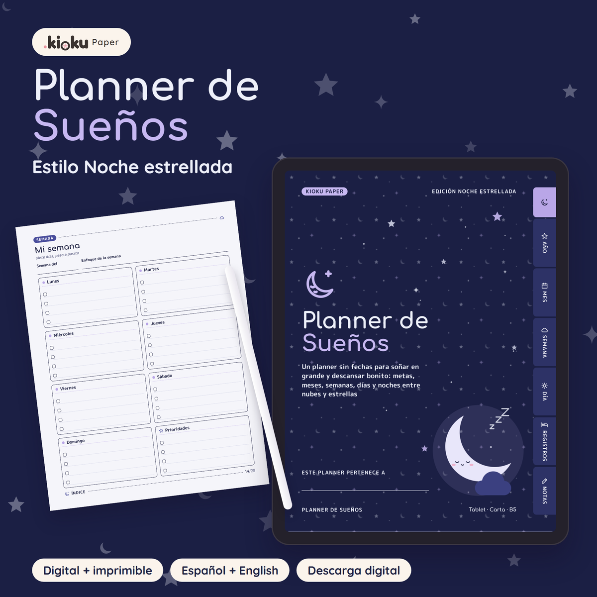 Planner de Sueños estilo Noche estrellada: portada de la versión digital en una tablet y una hoja impresa tamaño carta