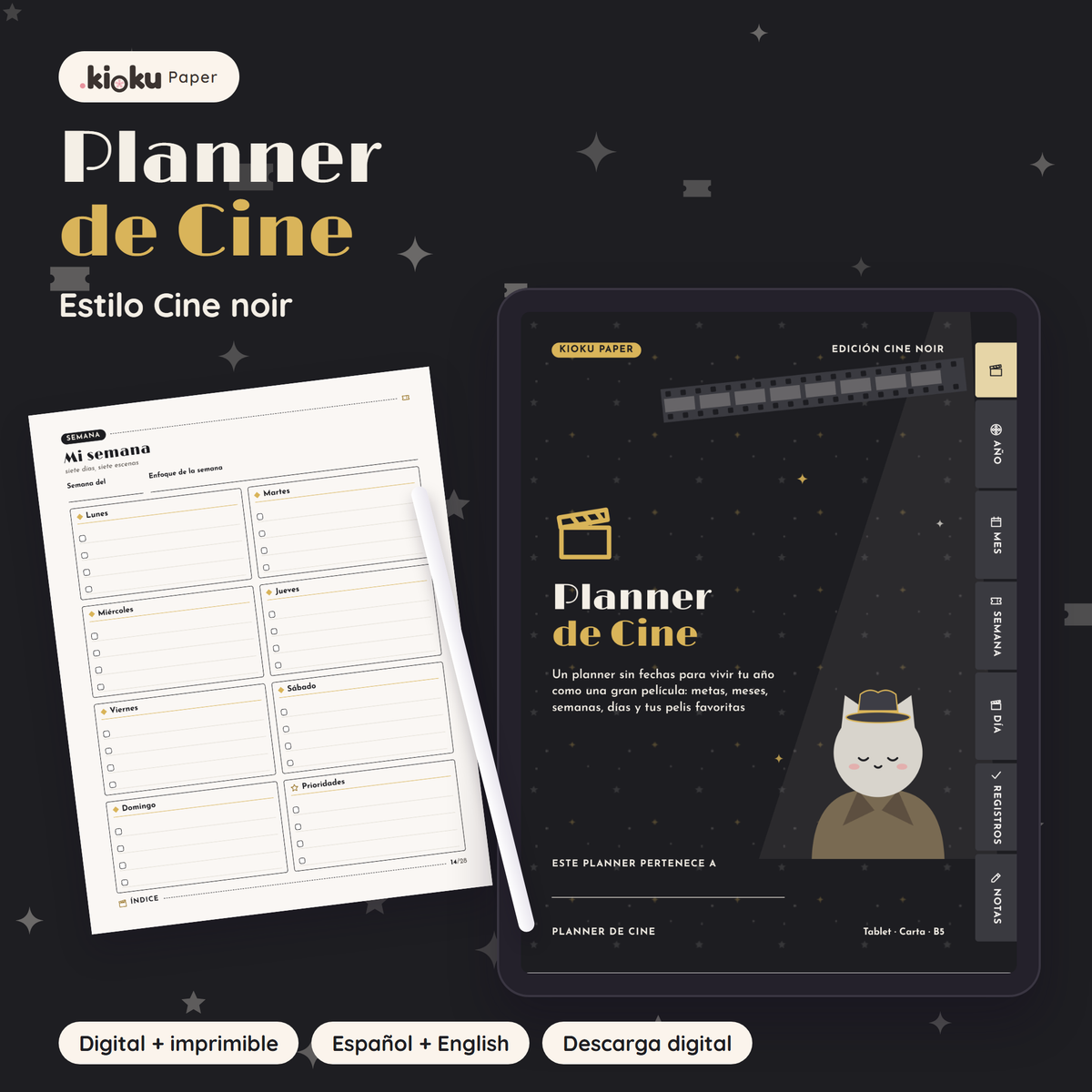 Planner de Cine estilo Cine noir: portada de la versión digital en una tablet y una hoja impresa tamaño carta