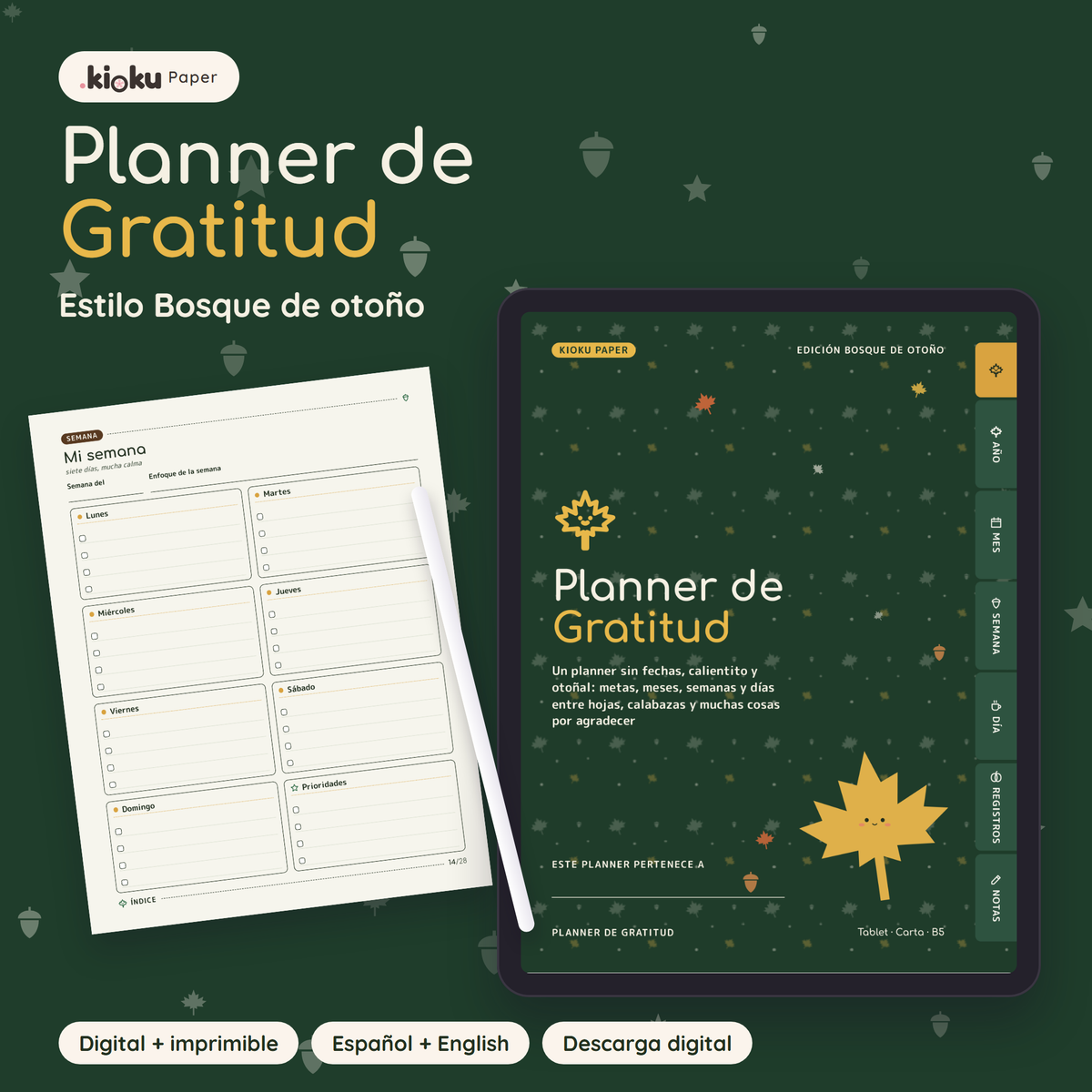 Planner de Gratitud estilo Bosque de otoño: portada de la versión digital en una tablet y una hoja impresa tamaño carta