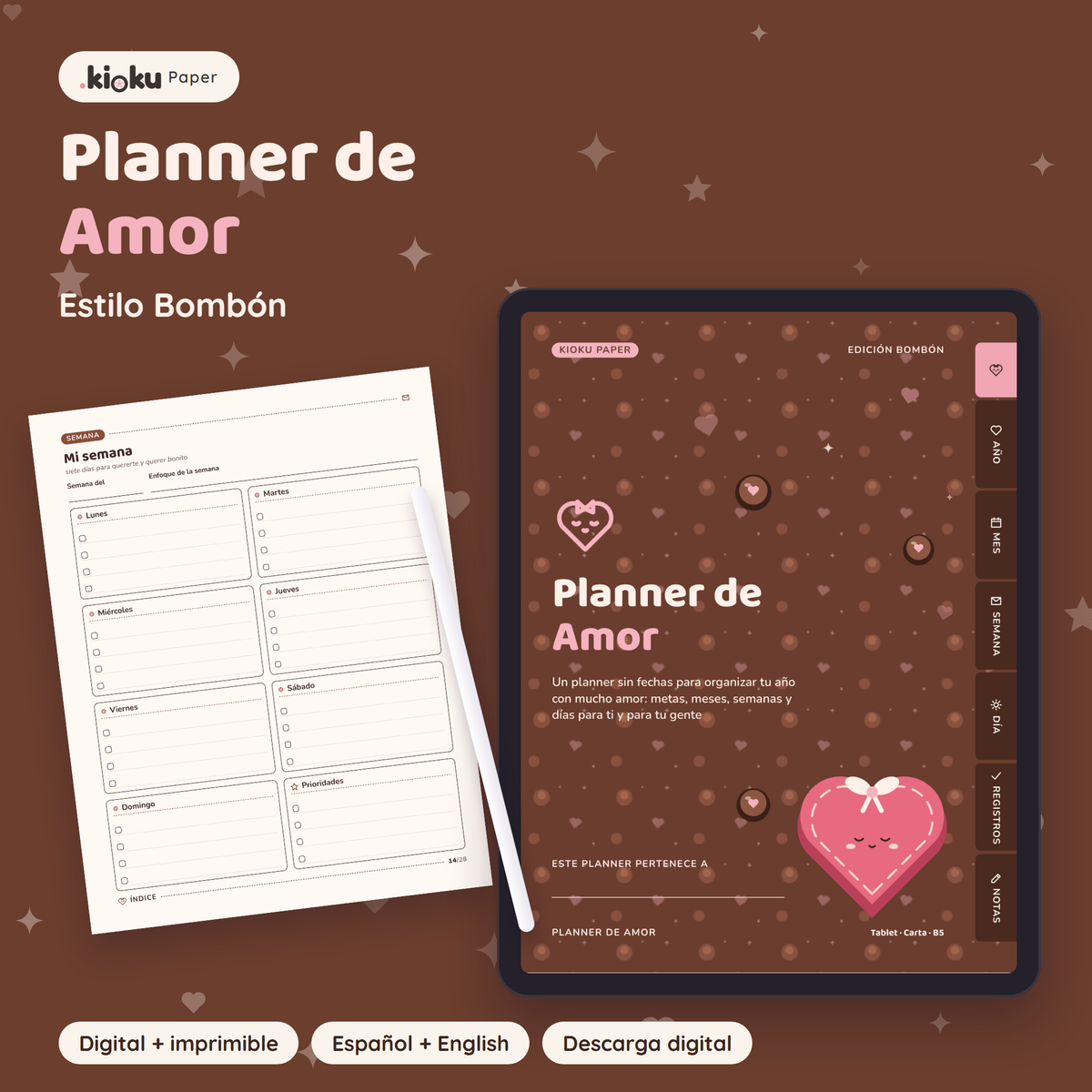 Planner de Amor estilo Bombón: portada de la versión digital en una tablet y una hoja impresa tamaño carta