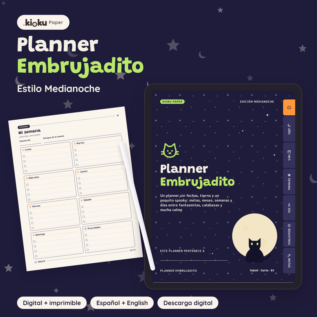 Planner Embrujadito estilo Medianoche: portada del planner digital en una tablet y una hoja impresa tamaño carta
