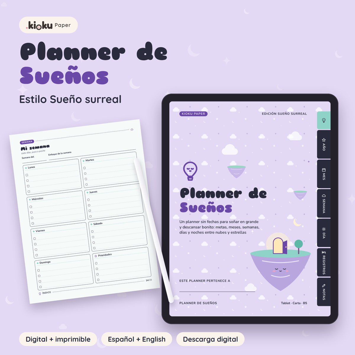 Planner de Sueños estilo Sueño surreal: portada de la versión digital en una tablet y una hoja impresa tamaño carta