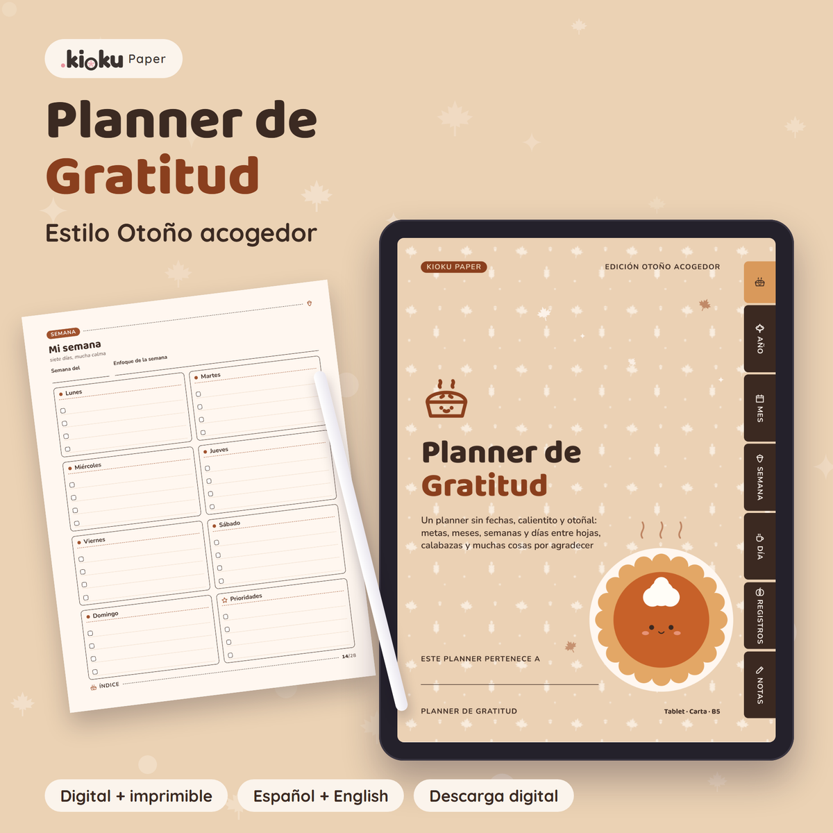 Planner de Gratitud estilo Otoño acogedor: portada de la versión digital en una tablet y una hoja impresa tamaño carta