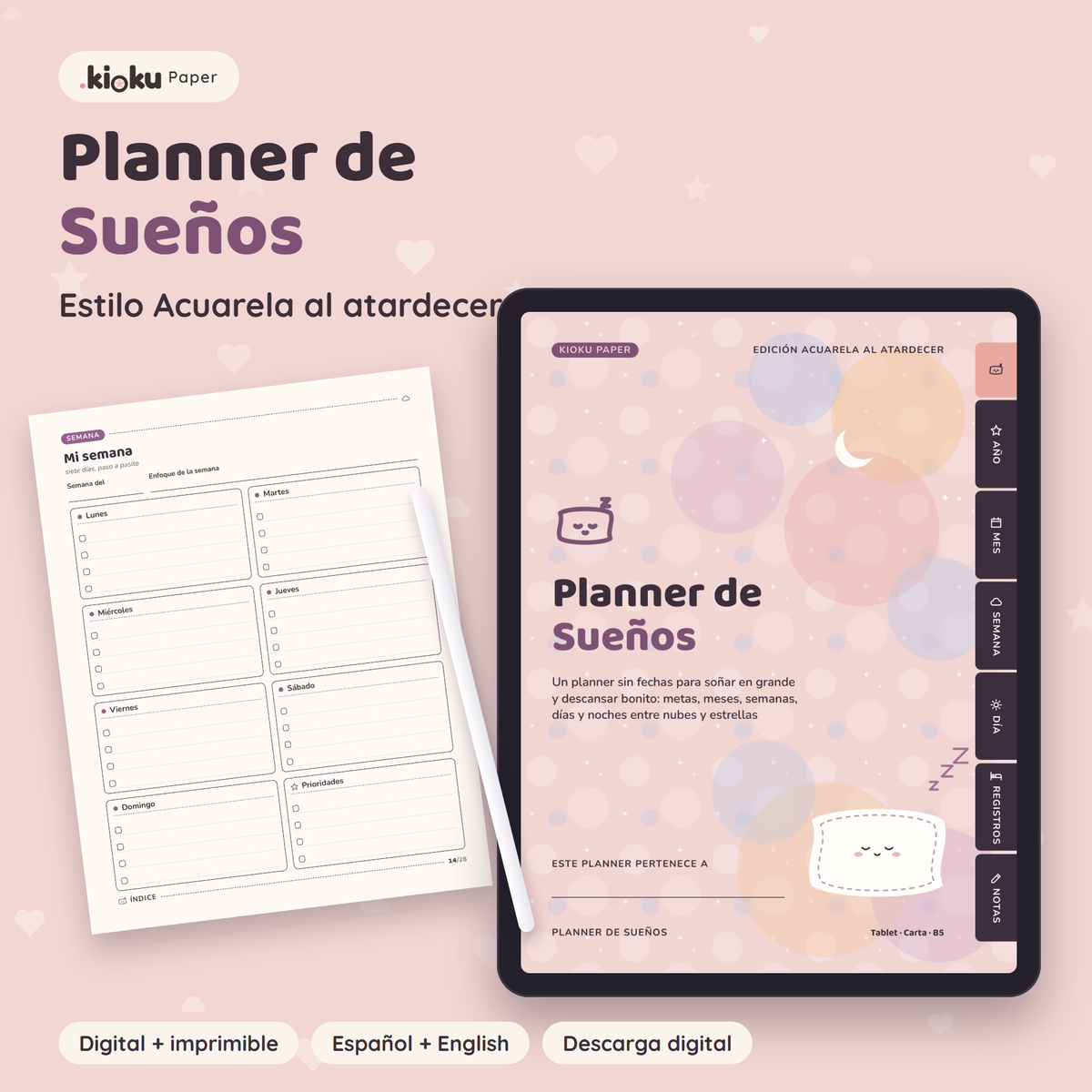 Planner de Sueños estilo Acuarela al atardecer: portada de la versión digital en una tablet y una hoja impresa tamaño carta