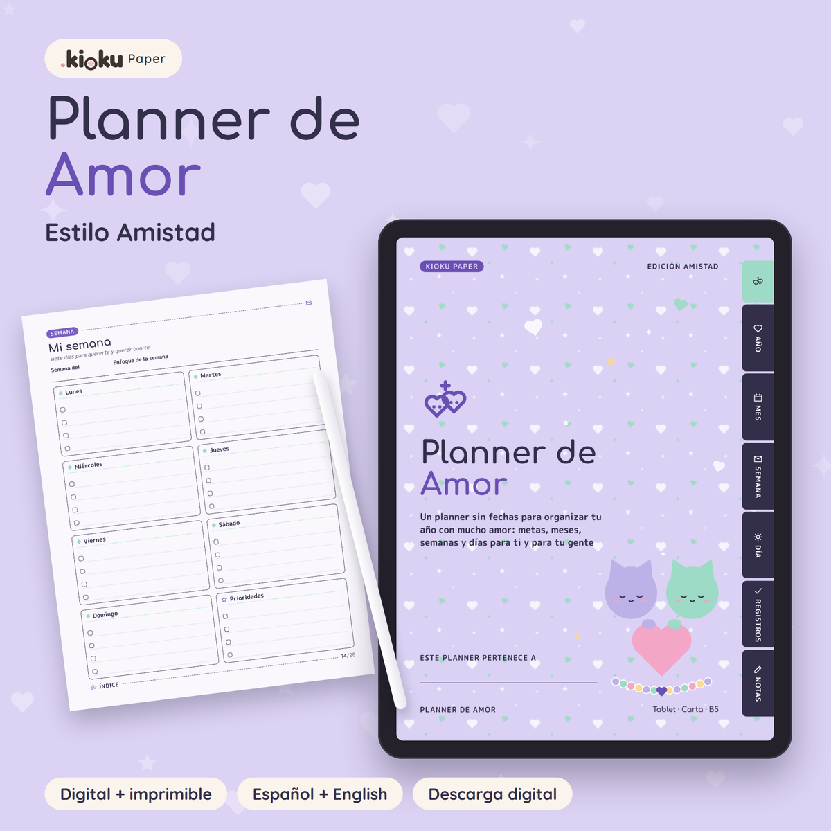 Planner de Amor estilo Amistad: portada de la versión digital en una tablet y una hoja impresa tamaño carta