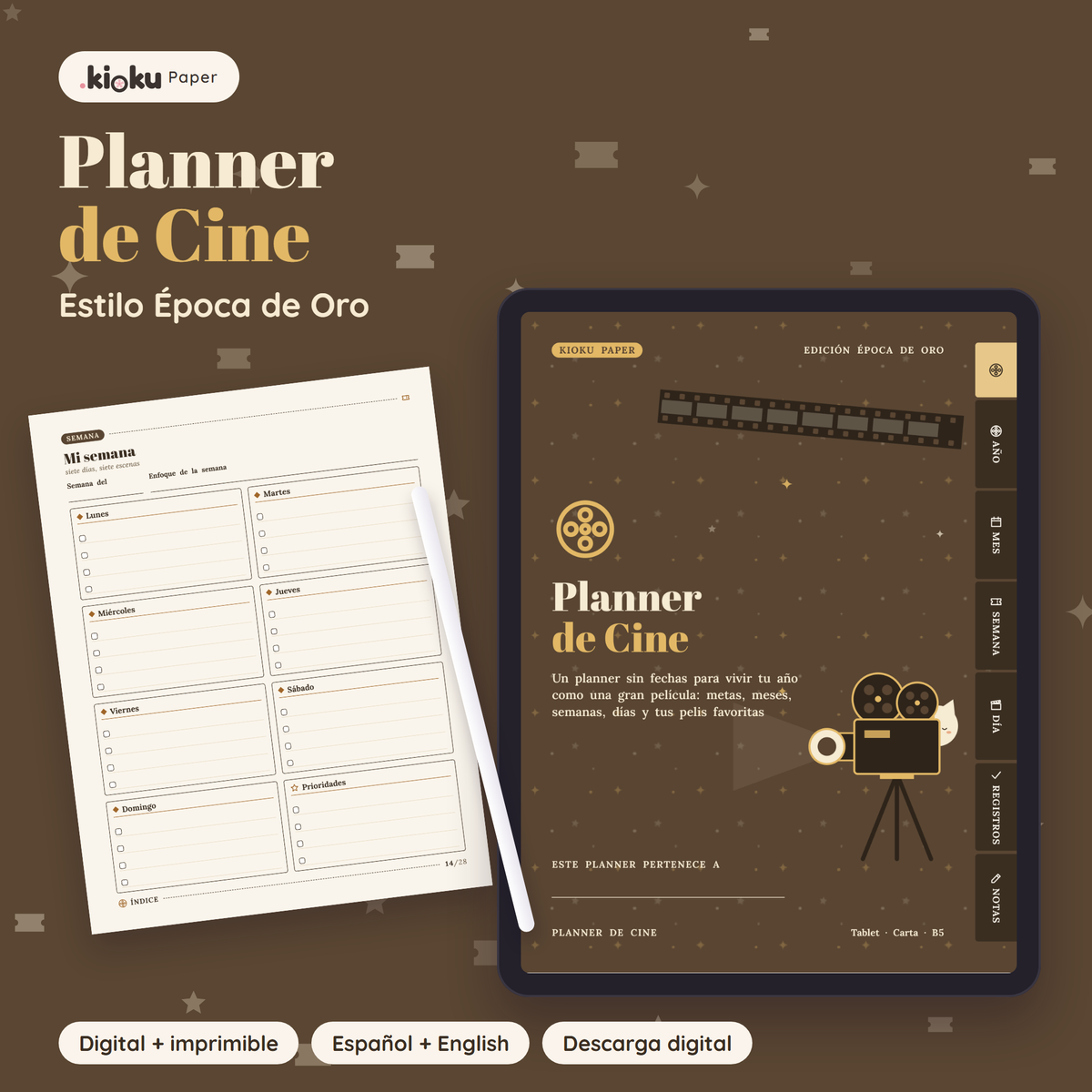 Planner de Cine estilo Época de Oro: portada de la versión digital en una tablet y una hoja impresa tamaño carta