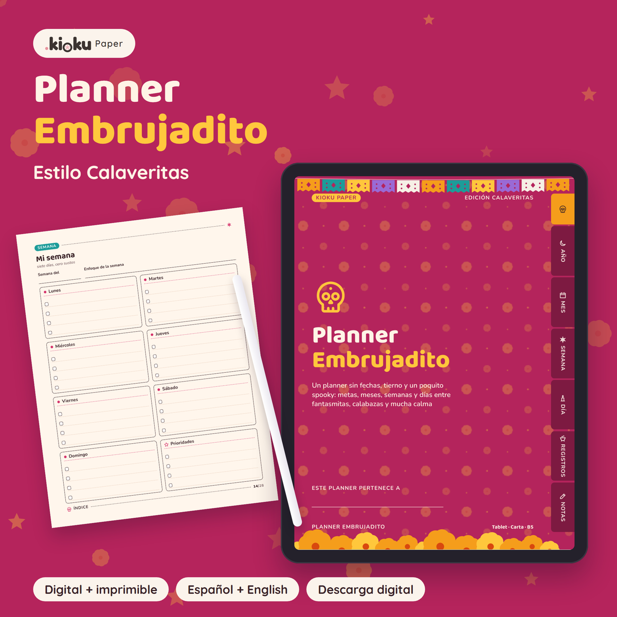 Planner Embrujadito estilo Calaveritas: portada del planner digital en una tablet y una hoja impresa tamaño carta