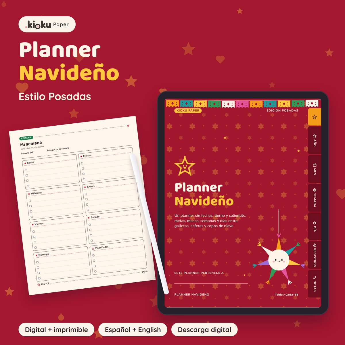 Planner Navideño estilo Posadas: portada de la versión digital en una tablet y una hoja impresa tamaño carta