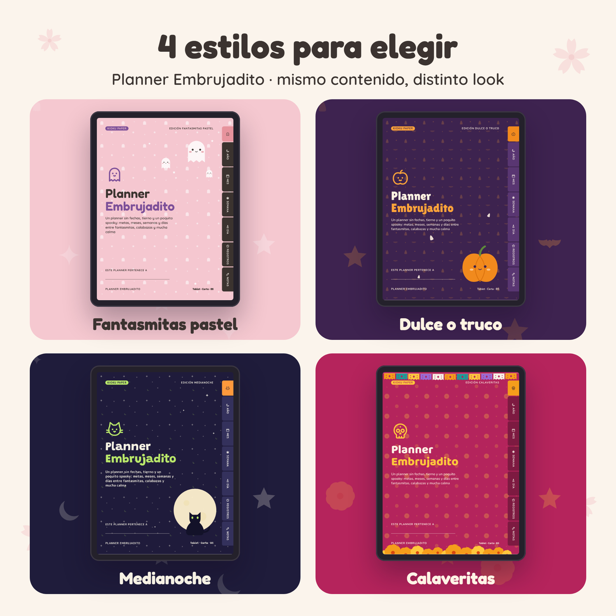 Planner Embrujadito en 4 estilos: Fantasmitas pastel, Dulce o truco, Medianoche y Calaveritas