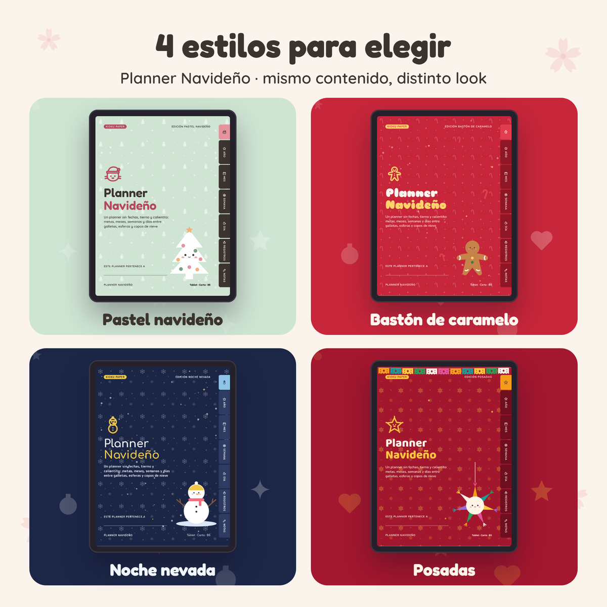 Planner Navideño en 4 estilos: Pastel navideño, Bastón de caramelo, Noche nevada y Posadas
