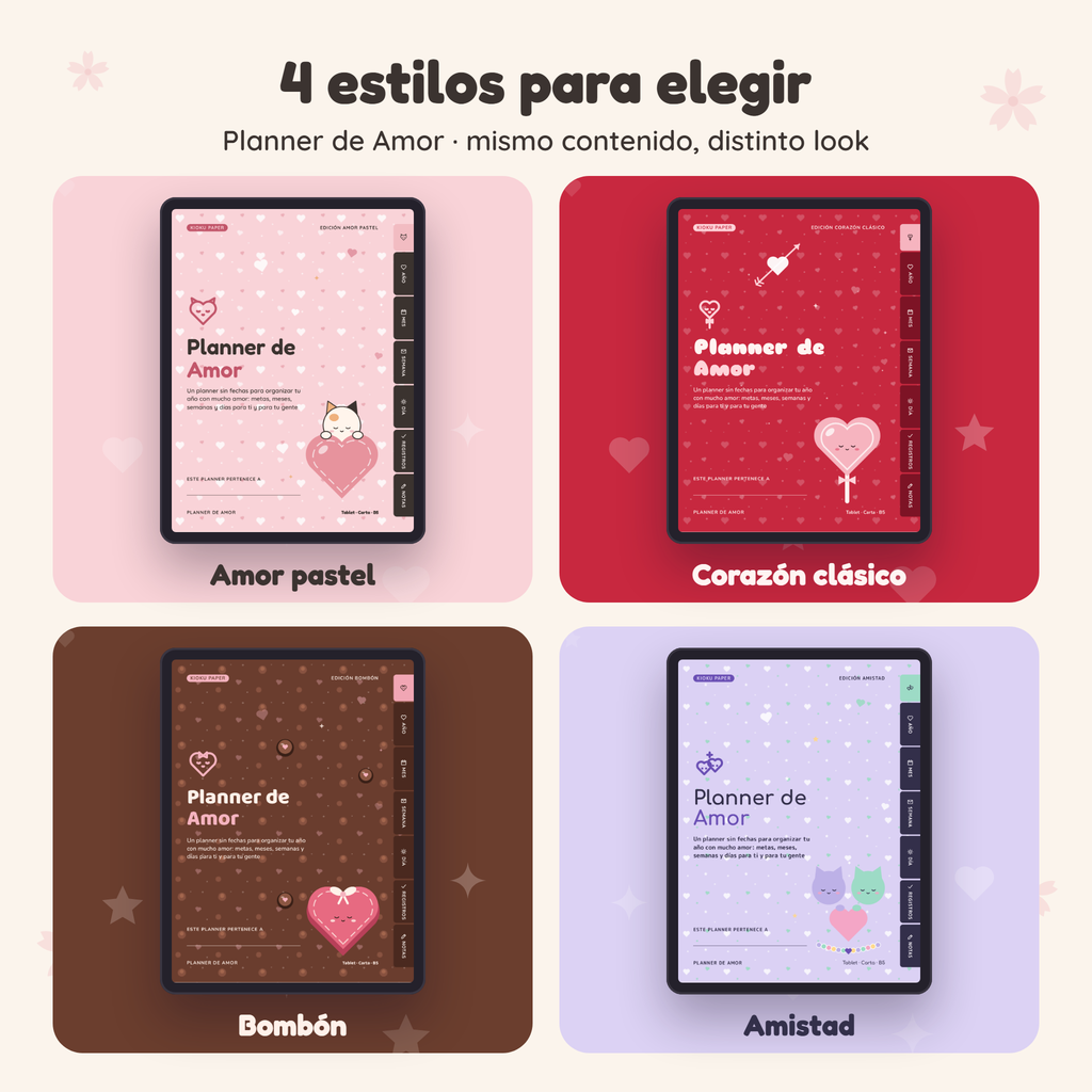 Planner de Amor en 4 estilos: Amor pastel, Corazón clásico, Bombón y Amistad