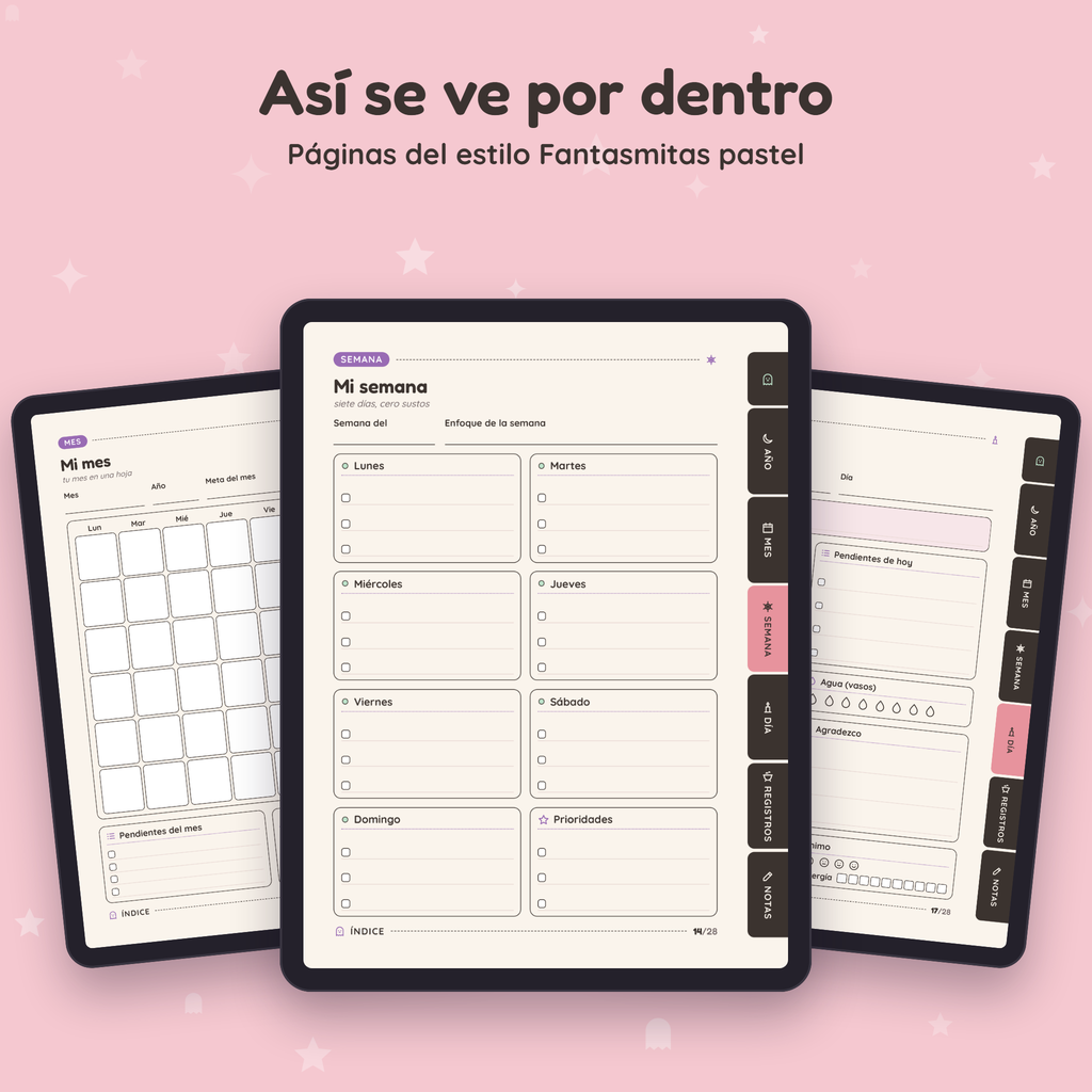 Páginas interiores de Planner Embrujadito en el estilo Fantasmitas pastel, vistas en tres tablets