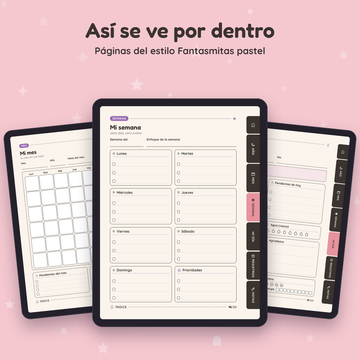 Páginas interiores de Planner Embrujadito en el estilo Fantasmitas pastel, vistas en tres tablets