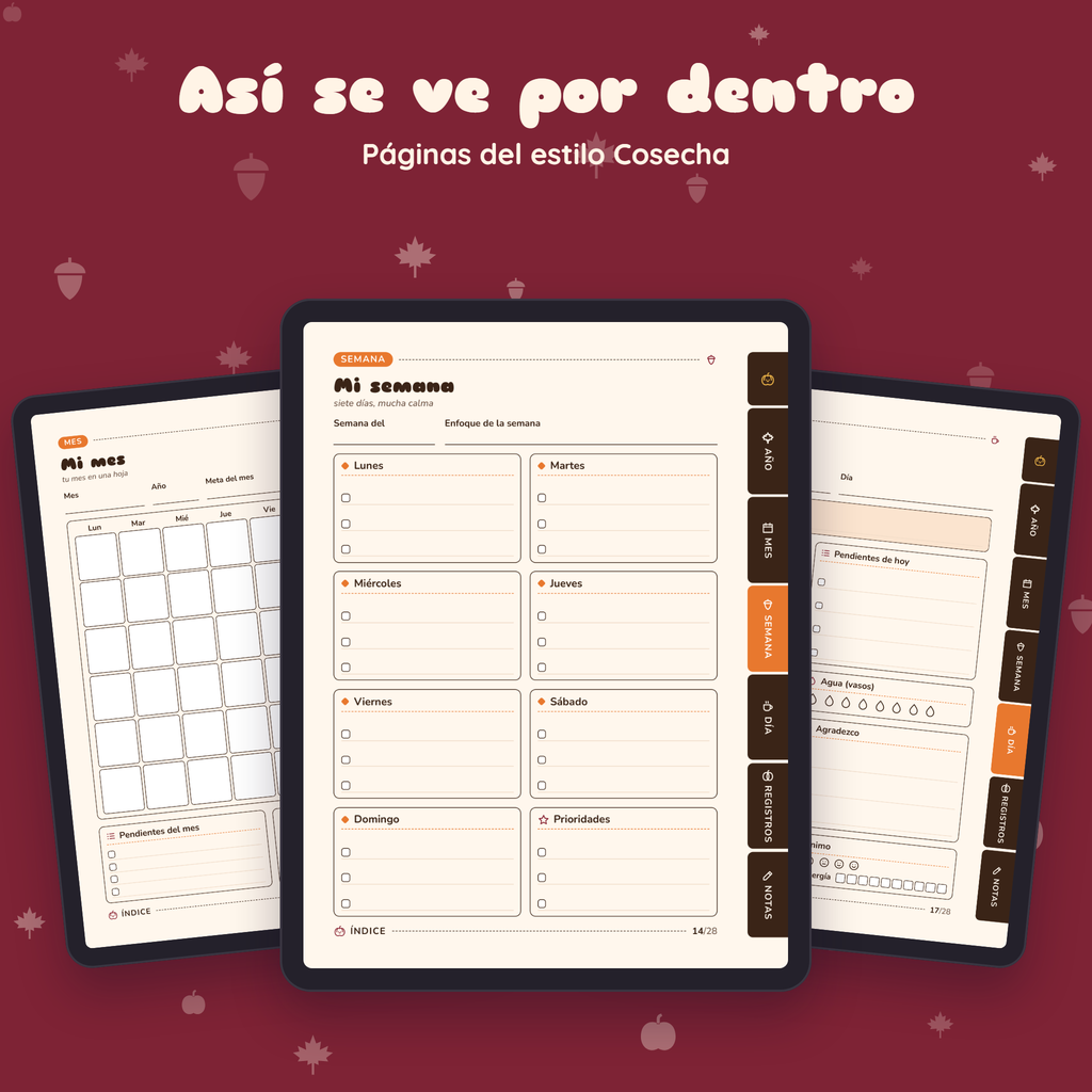 Páginas interiores de Planner de Gratitud en el estilo Cosecha, vistas en tres tablets