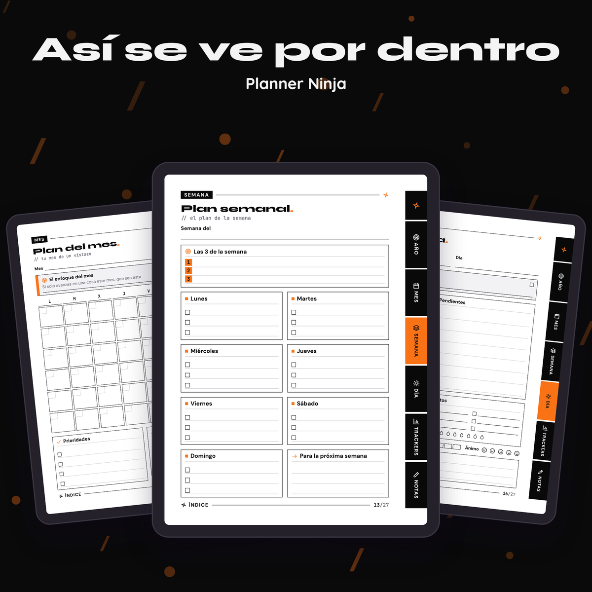 Páginas interiores de Planner Ninja, vistas en tres tablets