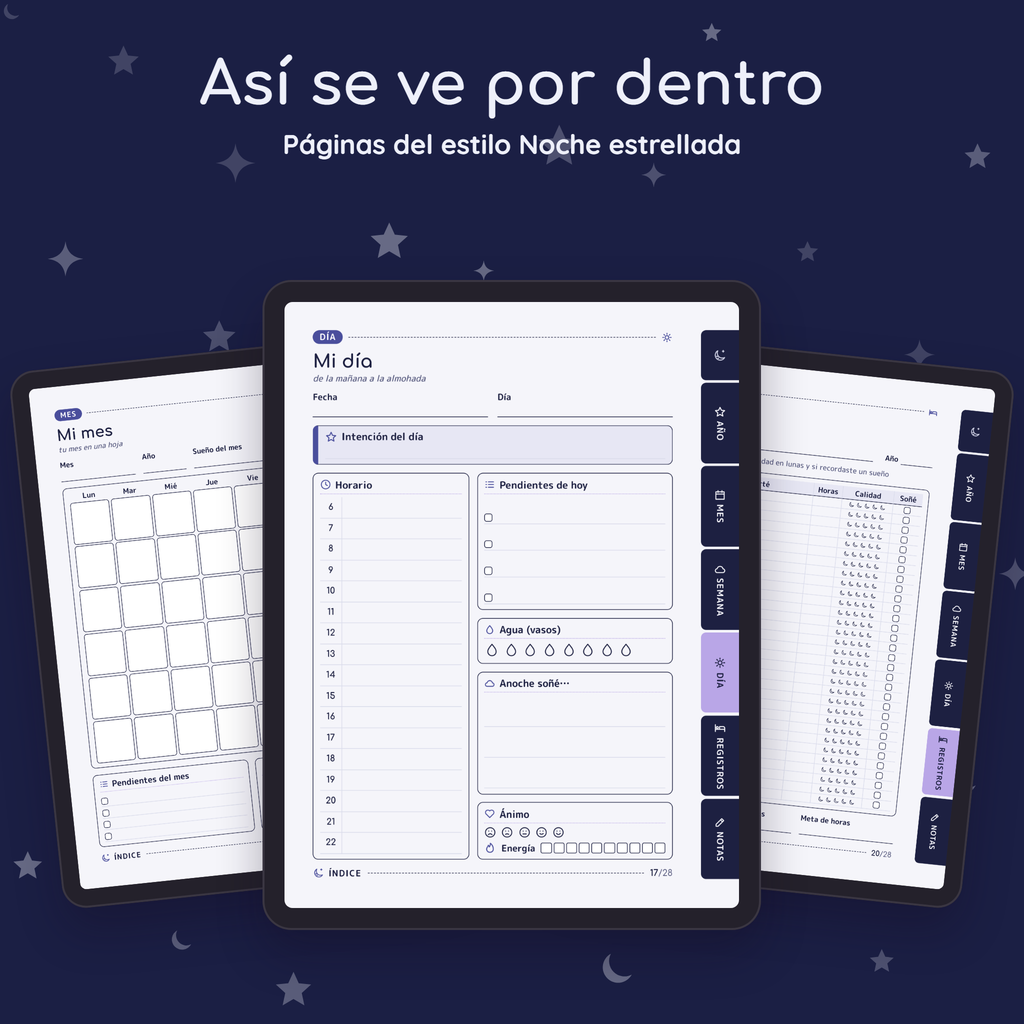 Páginas interiores de Planner de Sueños en el estilo Noche estrellada, vistas en tres tablets