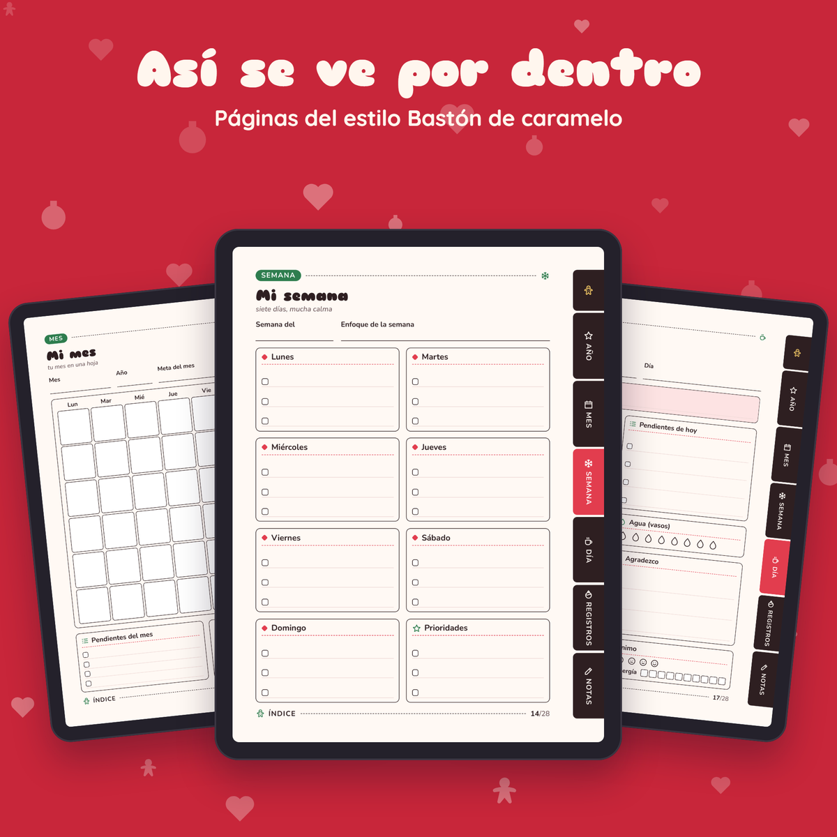 Páginas interiores de Planner Navideño en el estilo Bastón de caramelo, vistas en tres tablets