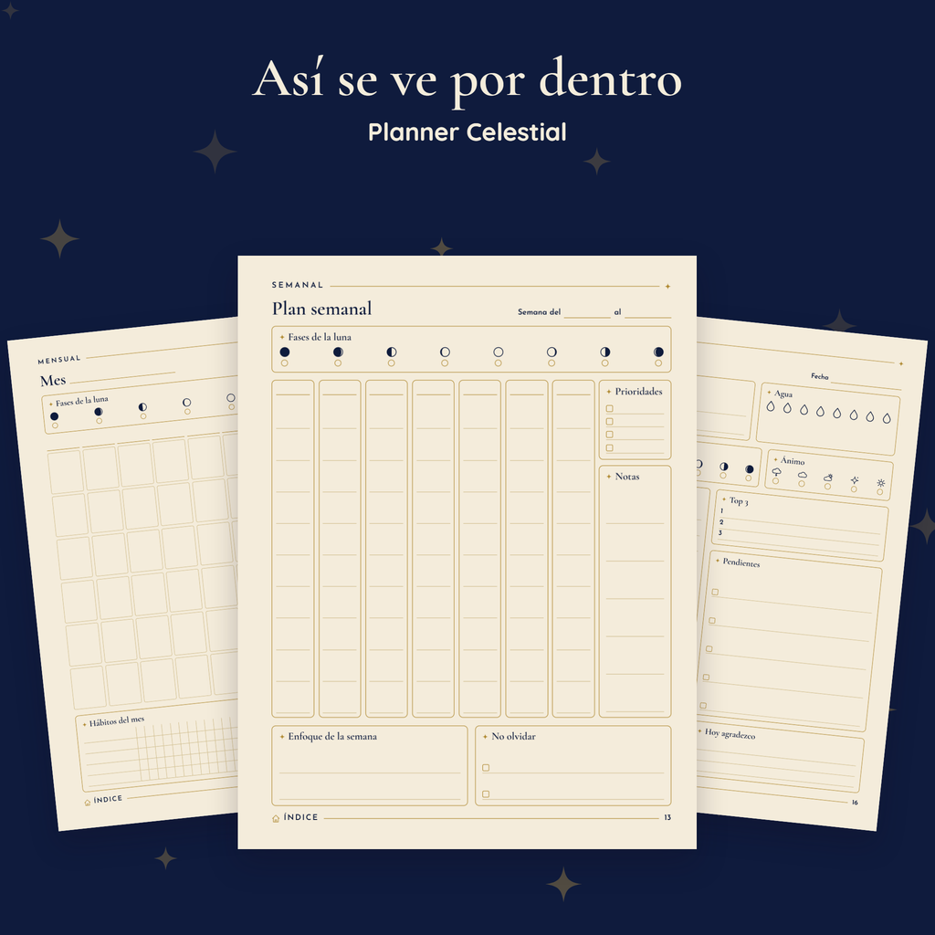 Páginas interiores de Planner Celestial, impresas en tamaño carta
