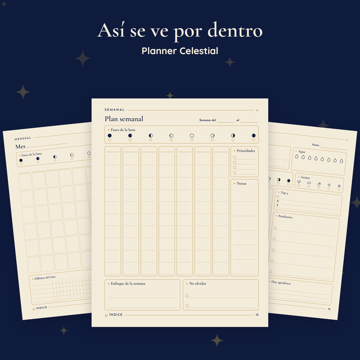 Páginas interiores de Planner Celestial, impresas en tamaño carta