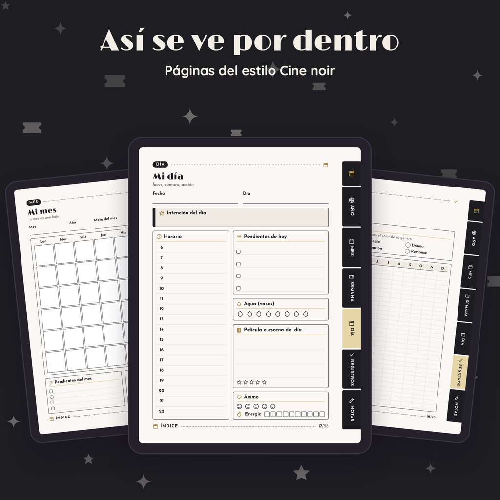 Páginas interiores de Planner de Cine en el estilo Cine noir, vistas en tres tablets