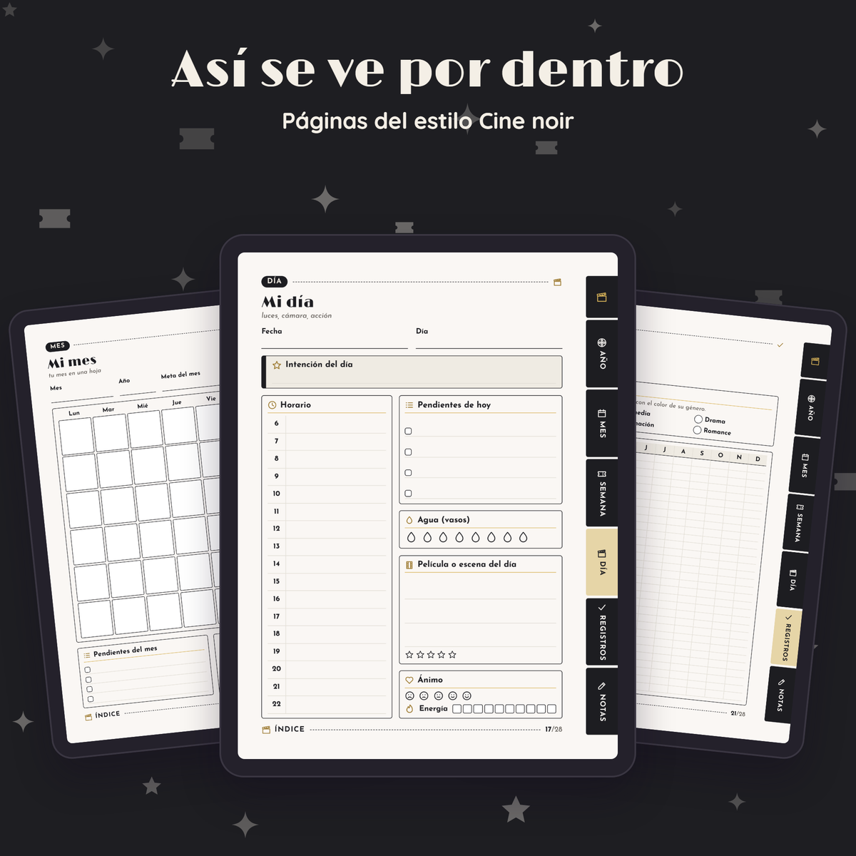 Páginas interiores de Planner de Cine en el estilo Cine noir, vistas en tres tablets
