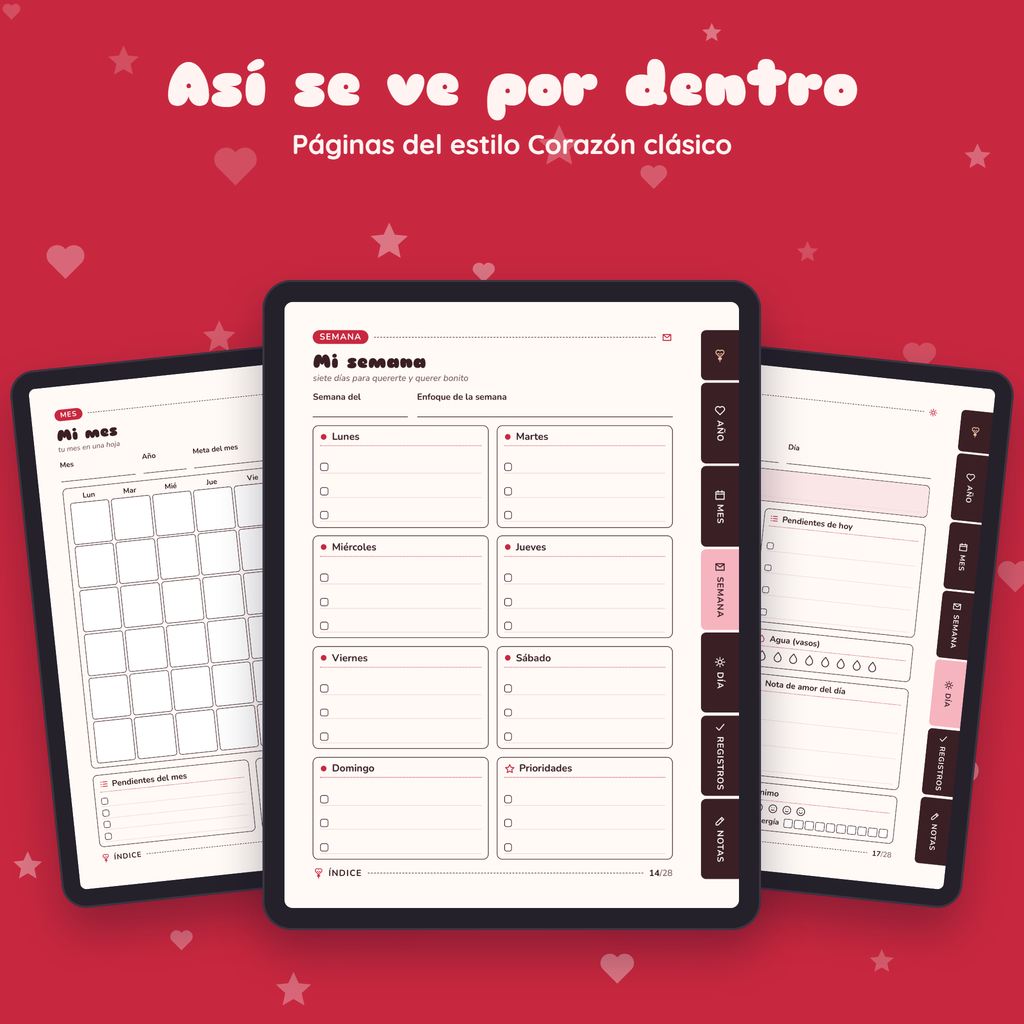 Páginas interiores de Planner de Amor en el estilo Corazón clásico, vistas en tres tablets