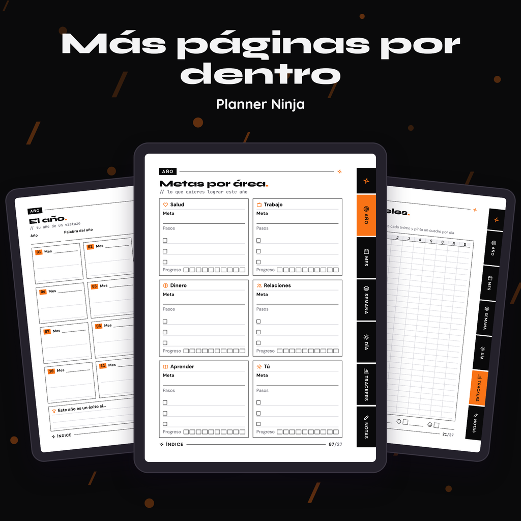 Más páginas interiores de Planner Ninja, vistas en tres tablets