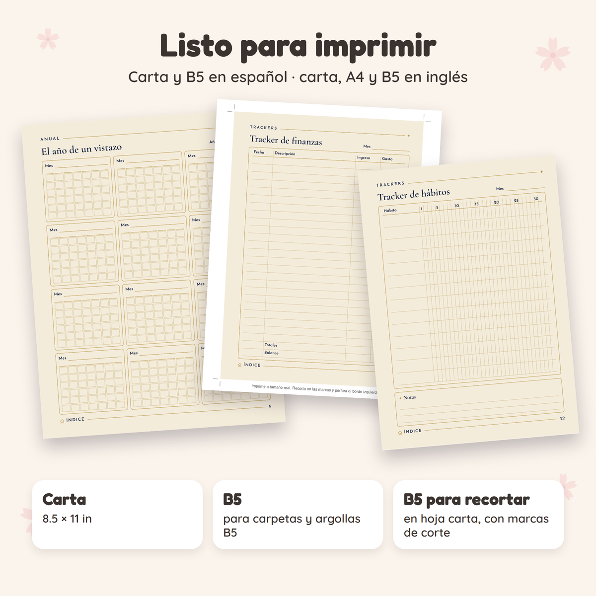 Planner Celestial imprimible en tamaño carta, B5 y B5 en hoja carta para recortar