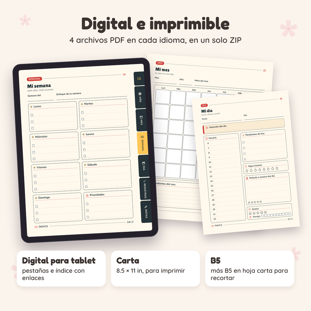 Planner de Cine en formato digital para tablet e imprimible tamaño carta y B5