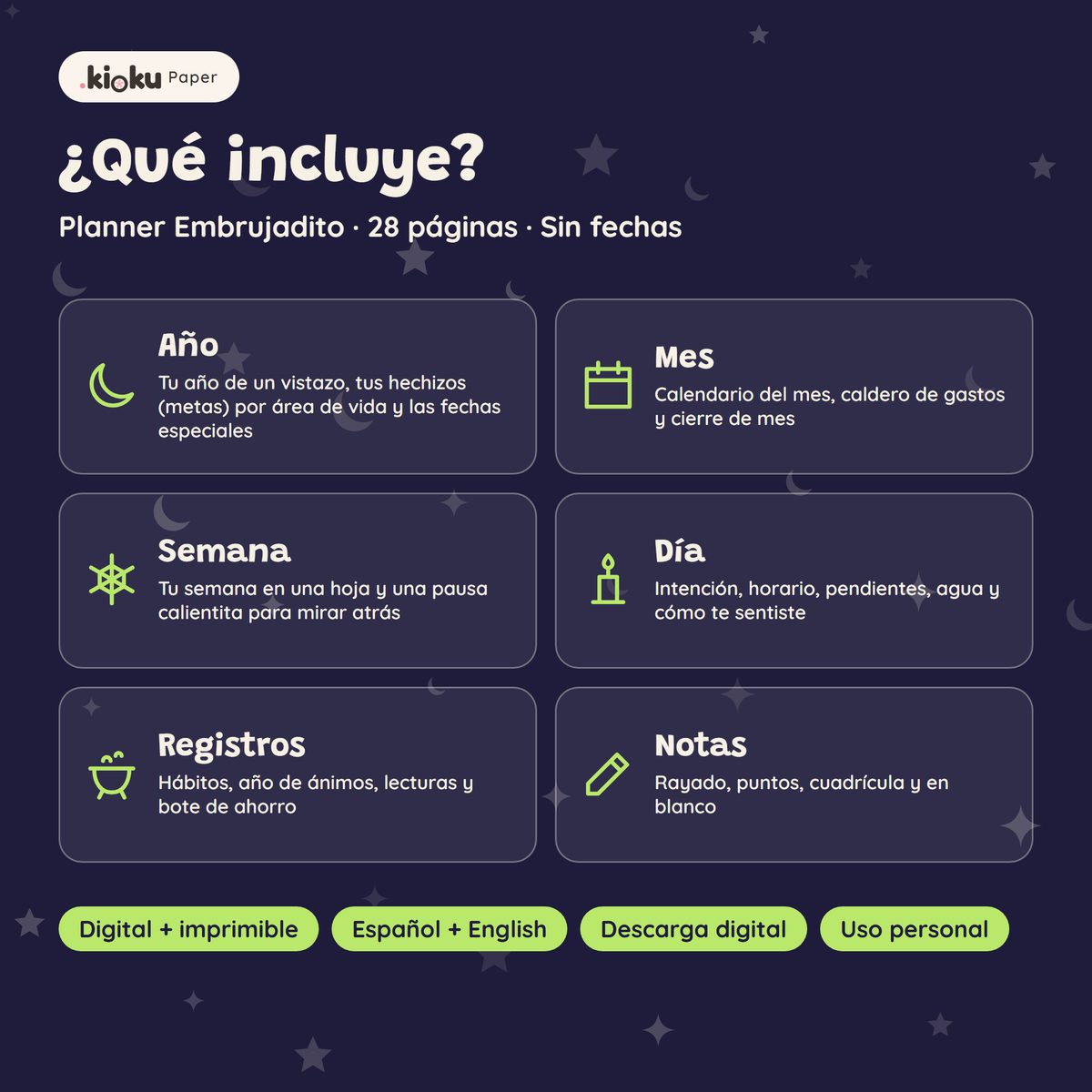 Secciones de Planner Embrujadito: Año, Mes, Semana, Día, Registros, Notas