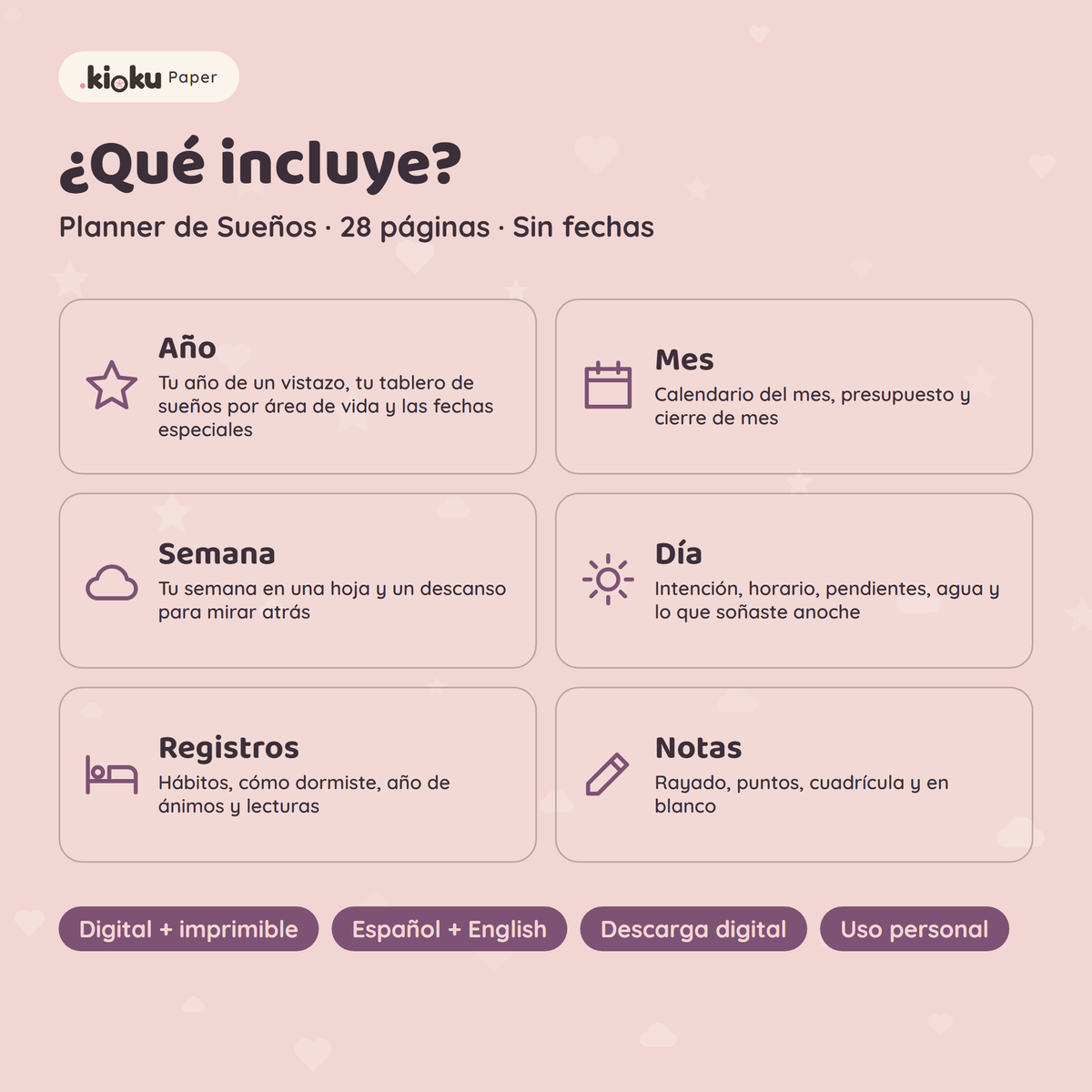 Secciones de Planner de Sueños: Año, Mes, Semana, Día, Registros, Notas