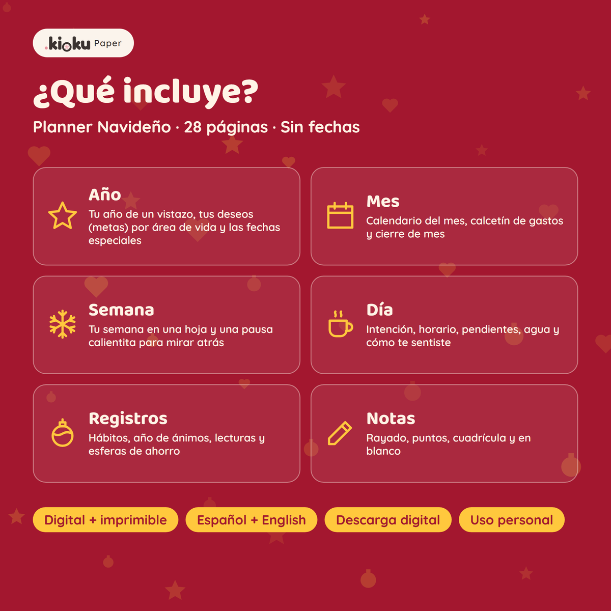 Secciones de Planner Navideño: Año, Mes, Semana, Día, Registros, Notas