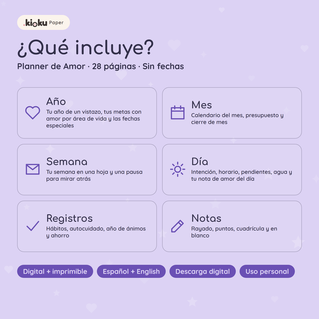 Secciones de Planner de Amor: Año, Mes, Semana, Día, Registros, Notas