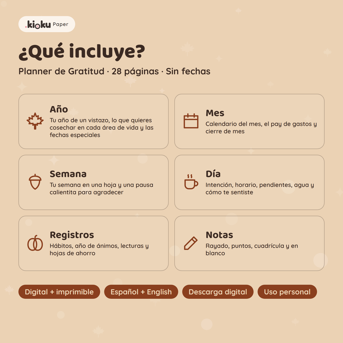 Secciones de Planner de Gratitud: Año, Mes, Semana, Día, Registros, Notas