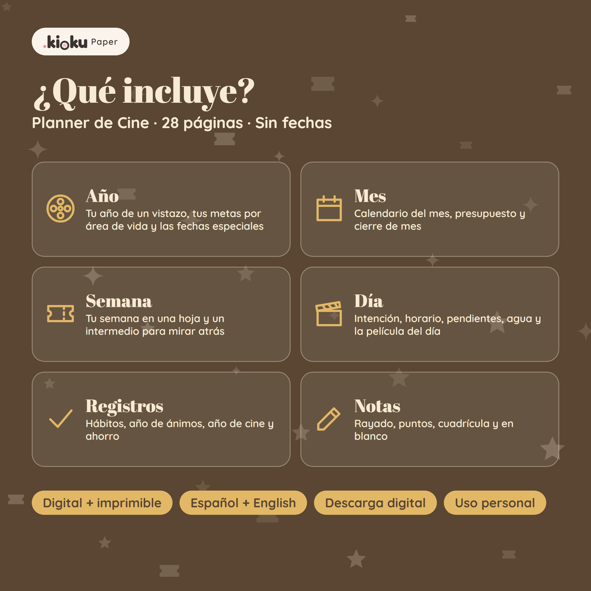 Secciones de Planner de Cine: Año, Mes, Semana, Día, Registros, Notas