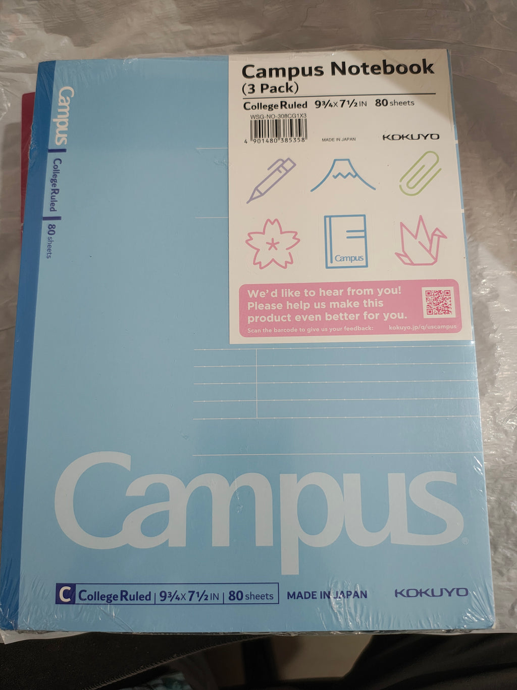 Cuadernos Kokuyo Campus con rayado college de 80 hojas en su empaque, portada azul