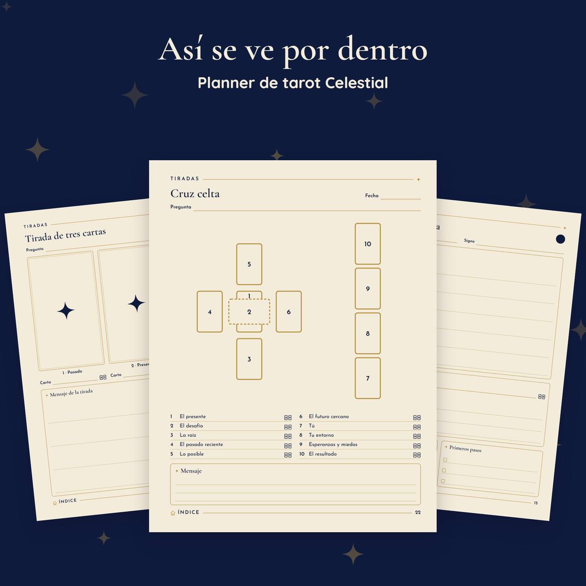 Páginas interiores de Planner de tarot Celestial, impresas en tamaño carta