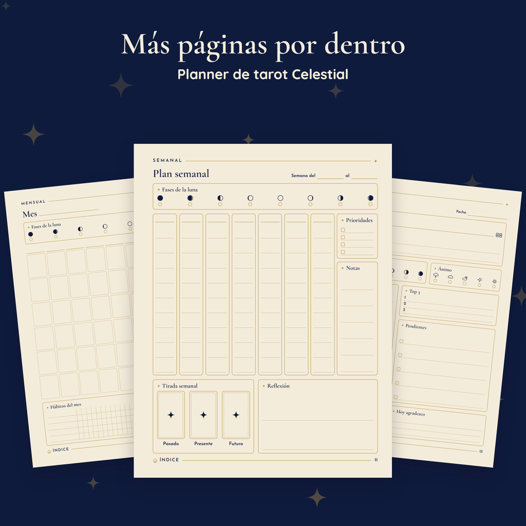 Más páginas interiores de Planner de tarot Celestial, impresas en tamaño carta