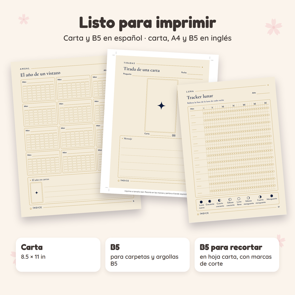 Planner de tarot Celestial imprimible en tamaño carta, B5 y B5 en hoja carta para recortar