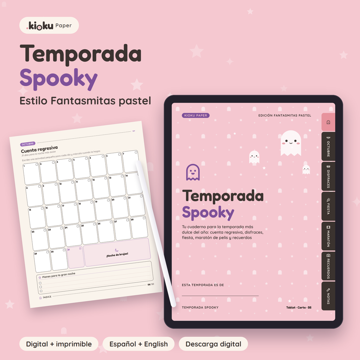 Temporada Spooky estilo Fantasmitas pastel: portada del cuaderno digital en una tablet y una hoja impresa tamaño carta