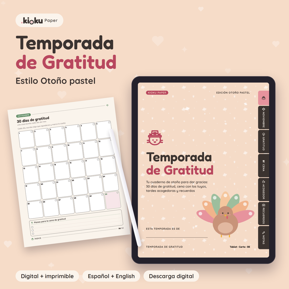 Temporada de Gratitud estilo Otoño pastel: portada de la versión digital en una tablet y una hoja impresa tamaño carta