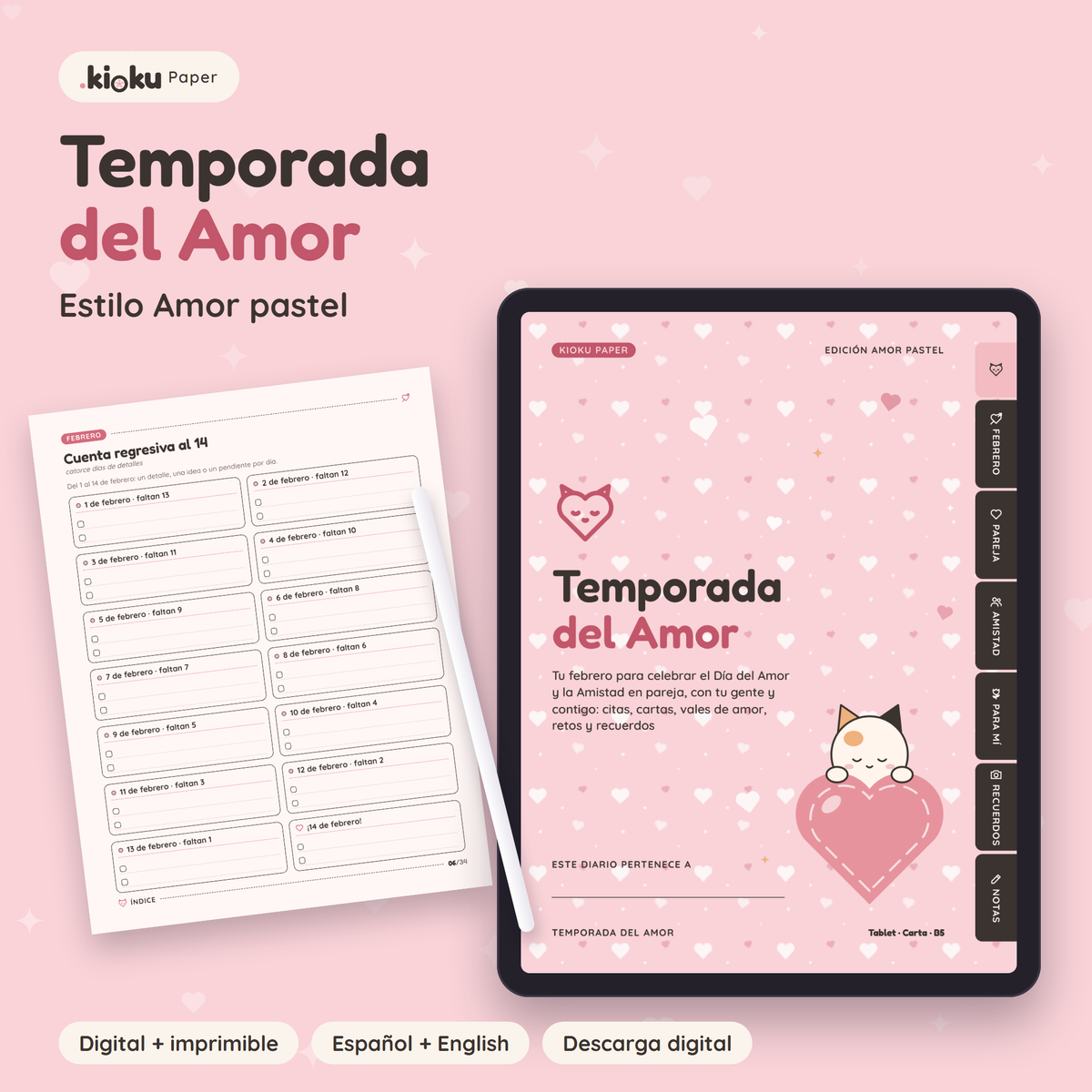 Temporada del Amor estilo Amor pastel: portada de la versión digital en una tablet y una hoja impresa tamaño carta
