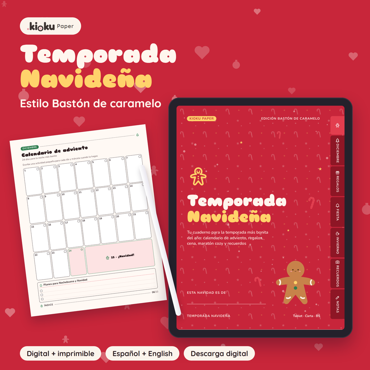 Temporada Navideña estilo Bastón de caramelo: portada de la versión digital en una tablet y una hoja impresa tamaño carta