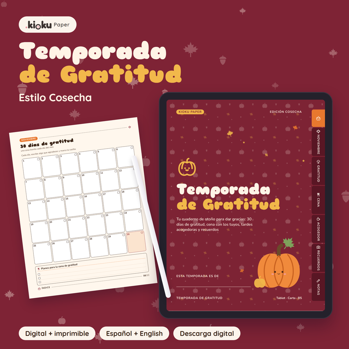 Temporada de Gratitud estilo Cosecha: portada de la versión digital en una tablet y una hoja impresa tamaño carta