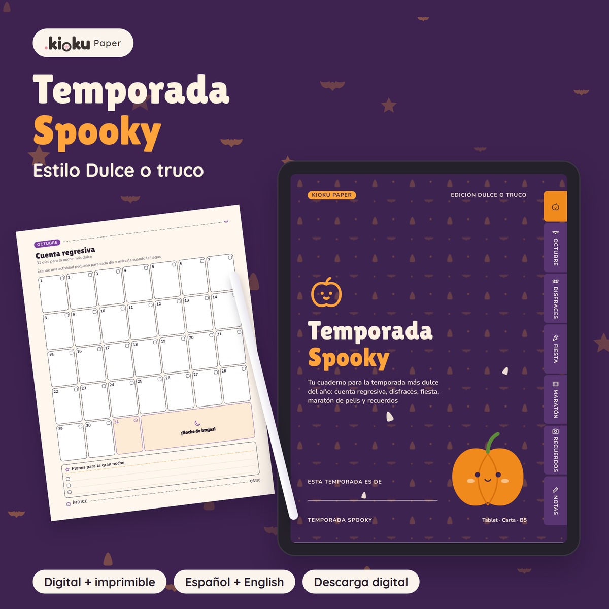 Temporada Spooky estilo Dulce o truco: portada del cuaderno digital en una tablet y una hoja impresa tamaño carta