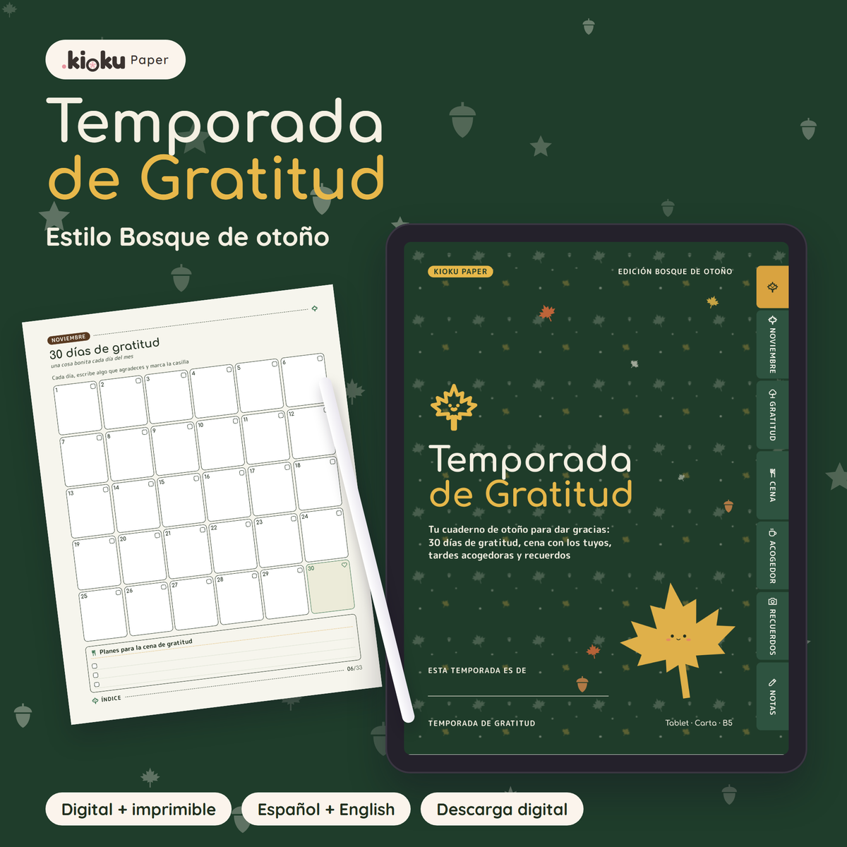 Temporada de Gratitud estilo Bosque de otoño: portada de la versión digital en una tablet y una hoja impresa tamaño carta