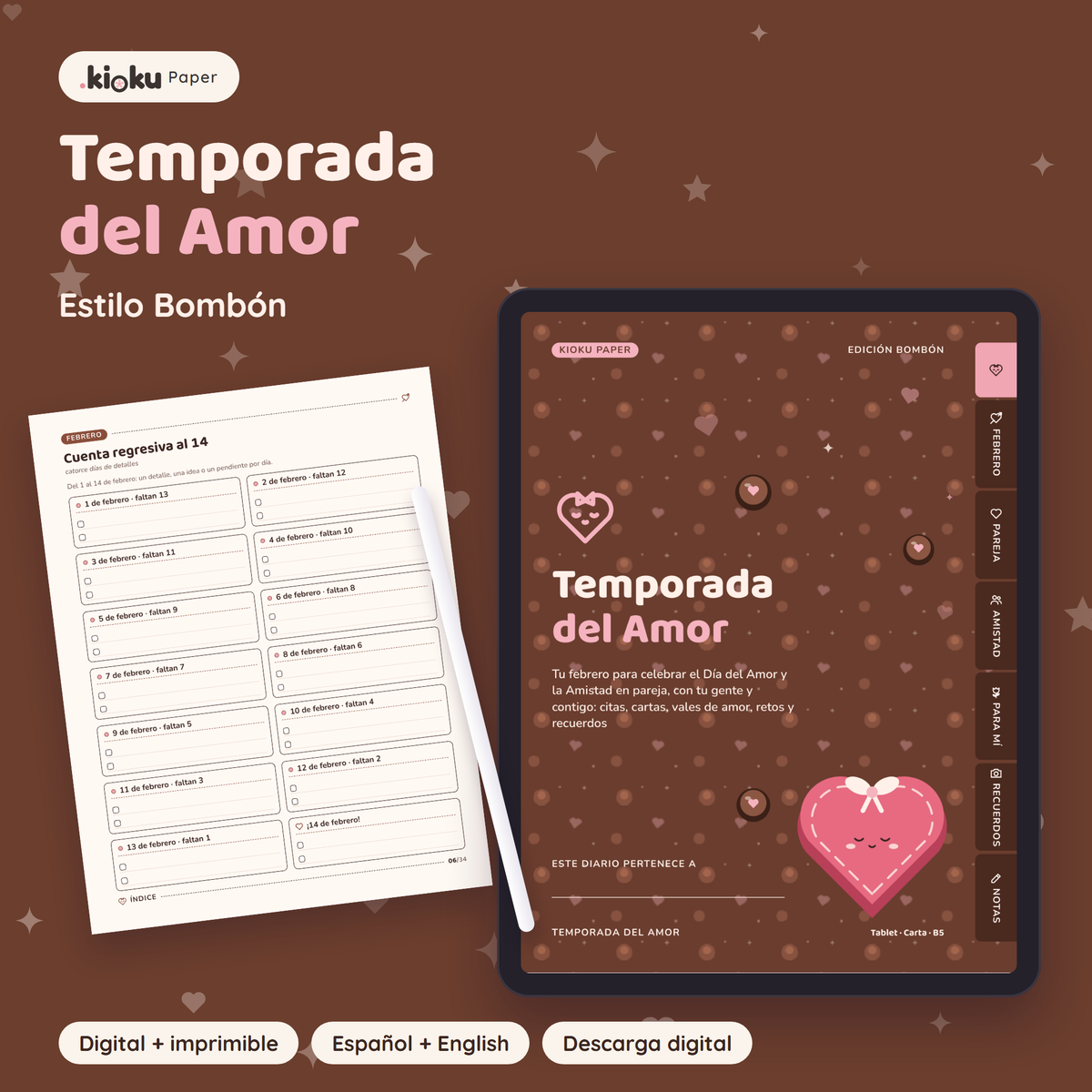 Temporada del Amor estilo Bombón: portada de la versión digital en una tablet y una hoja impresa tamaño carta