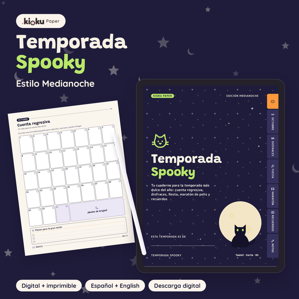 Temporada Spooky estilo Medianoche: portada del cuaderno digital en una tablet y una hoja impresa tamaño carta