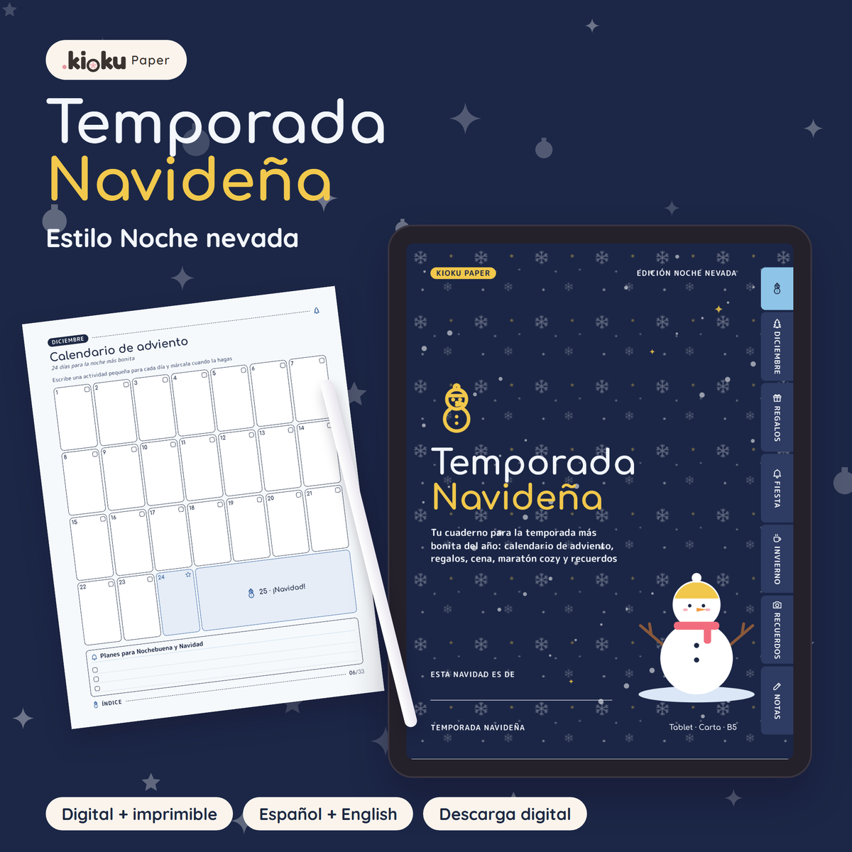 Temporada Navideña estilo Noche nevada: portada de la versión digital en una tablet y una hoja impresa tamaño carta