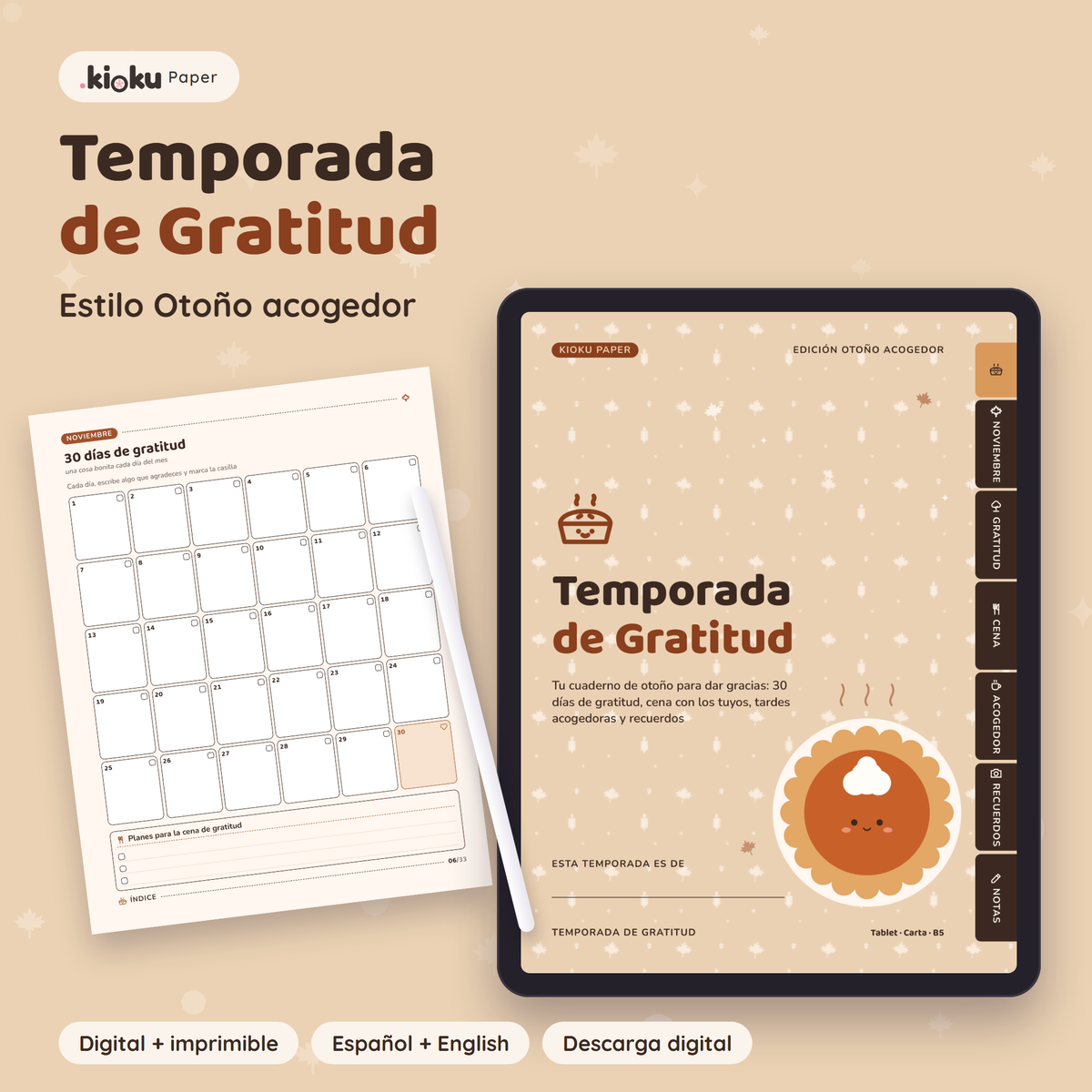 Temporada de Gratitud estilo Otoño acogedor: portada de la versión digital en una tablet y una hoja impresa tamaño carta